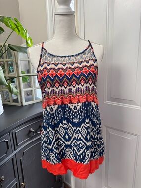 Renee C. Blue, Coral & Cream Print Top M